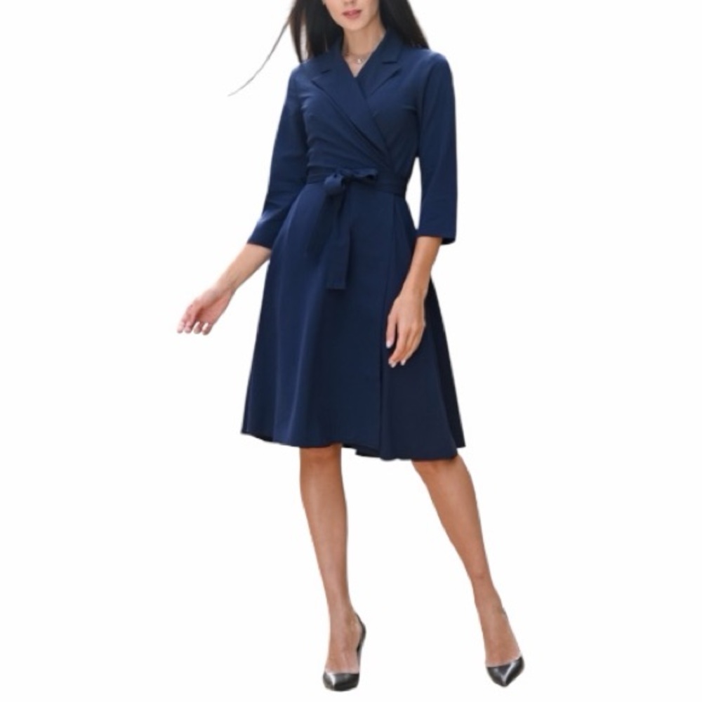 🆕Elegant 3/4 Sleeve V Neck Modest A-Line Belted Navy Wrap Dress